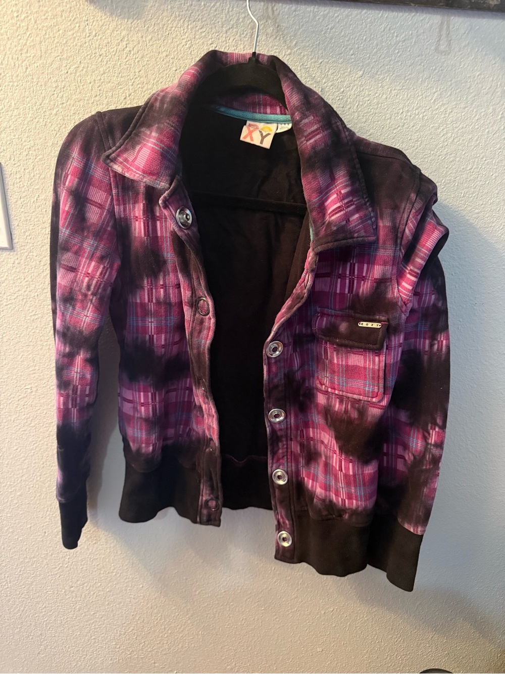 Roxy Purple Plaid Tie-Dye Button-Up Jean Jacket